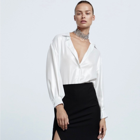 NWT / S/ ZARA Flowy Oversized Shimmer White  Pearl blouse button down shirt - Picture 16 of 16